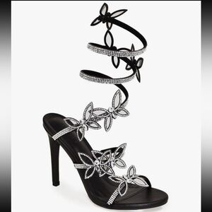 Wild Diva Black Heels with Rhinestone Floral Design